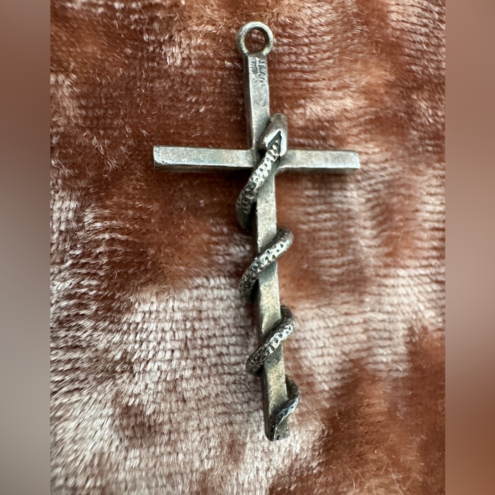 Silver Cross Pendant with Snake Design